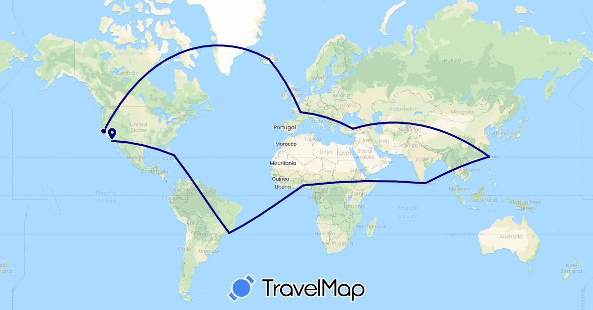 TravelMap itinerary: driving in Brazil, Bahamas, France, Iceland, Sri Lanka, Nigeria, Turkey, Taiwan, United States (Africa, Asia, Europe, North America, South America)